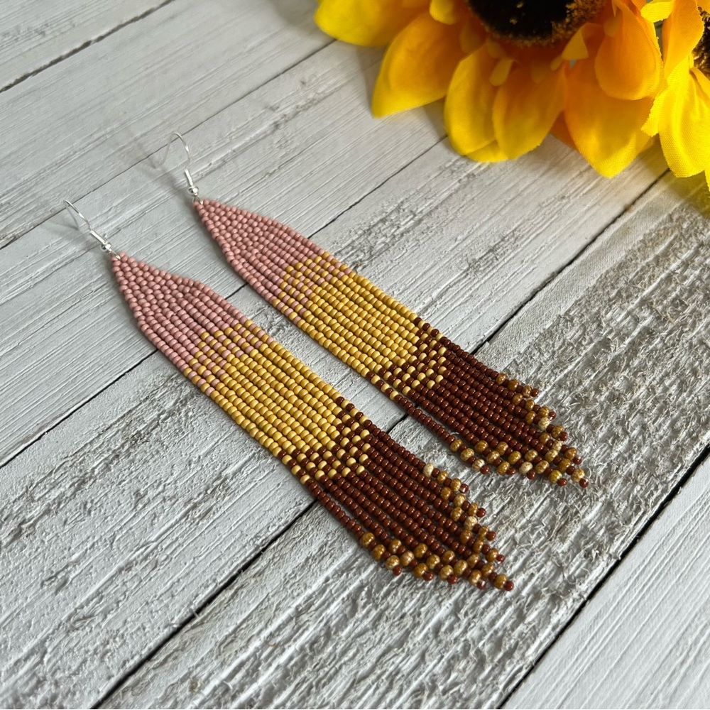 Handmade Seed Bead Beaded Earrings Native American Motivational Travertine 5.25”